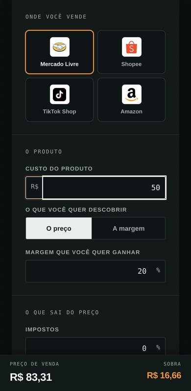 A mesma calculadora aberta no celular, em tema escuro