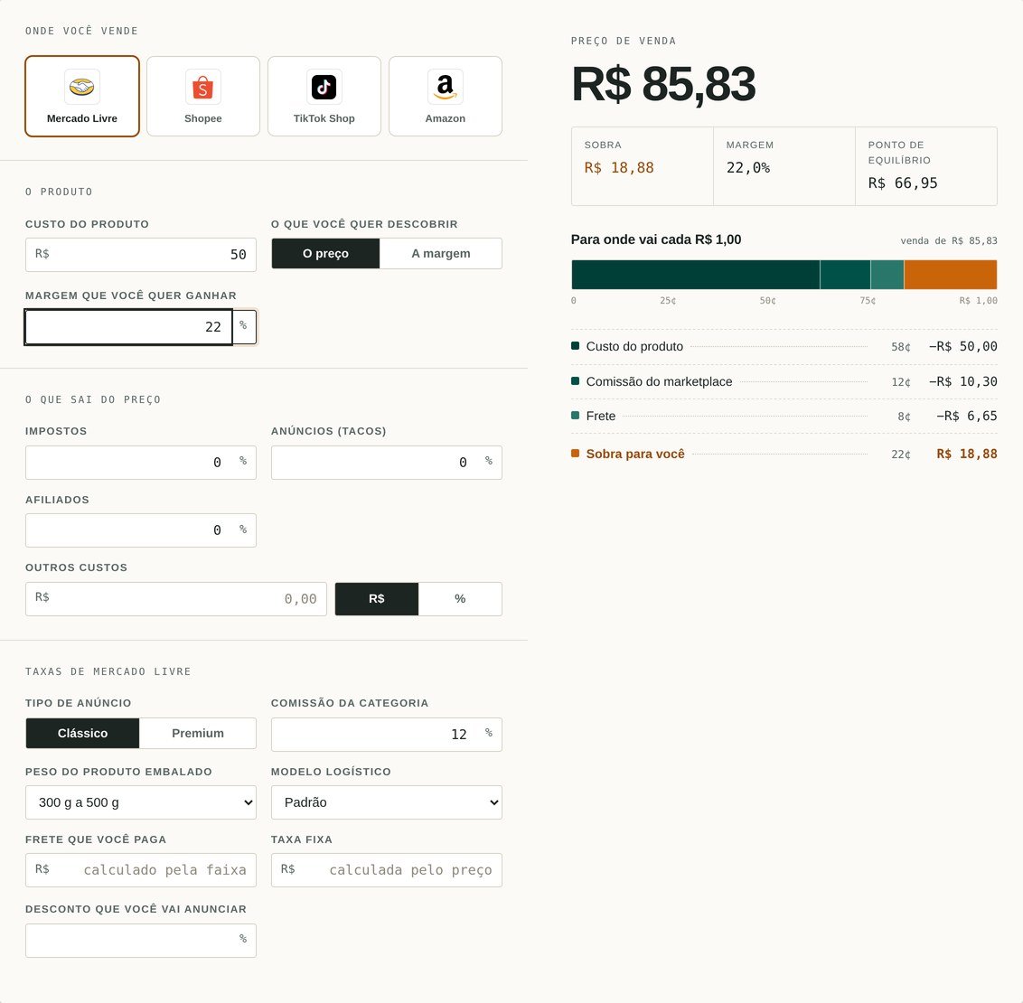 Tela da Calculadora de Margem CMA com o cálculo de um produto no Mercado Livre